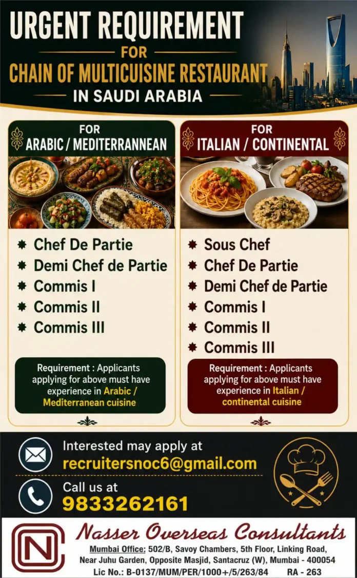 Chef jobs Saudi Arabia multicultural restaurant hiring