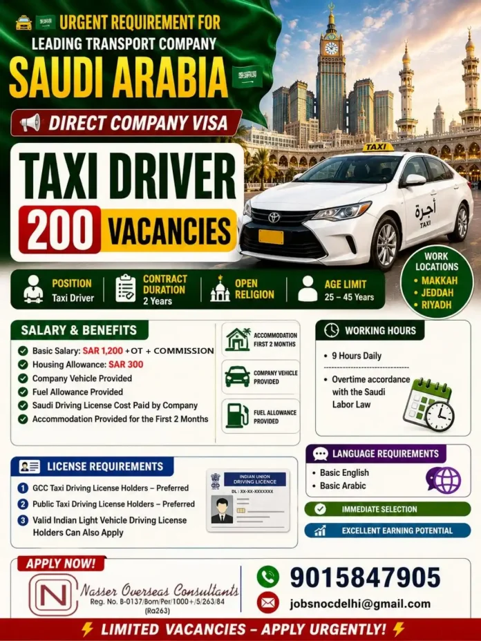 Taxi Driver job Saudi Arabia 200 vacancies