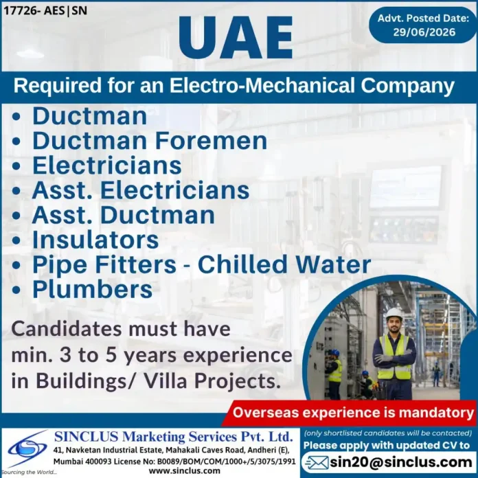 Sinclus Marketing Services Pvt Ltd hiring for electro-mechanical jobs UAE
