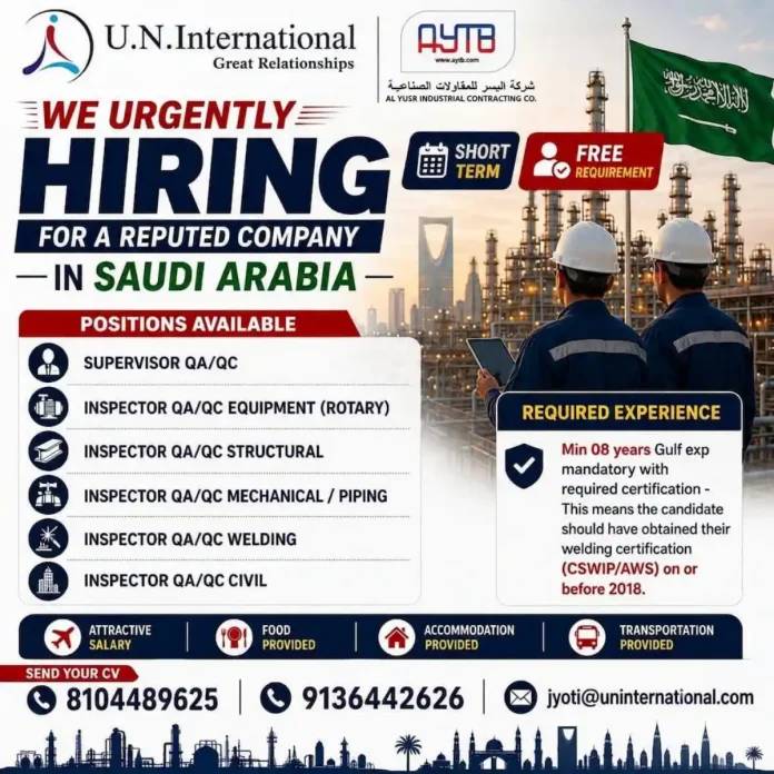 Job advertisement for QA/QC Supervisor and Inspectors in Saudi Arabia by U.N. International and AL YUSR INDUSTRIAL CONTRACTING CO.