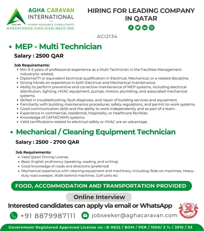 Agha Caravan hiring MEP technician and cleaning equipment technician Qatar