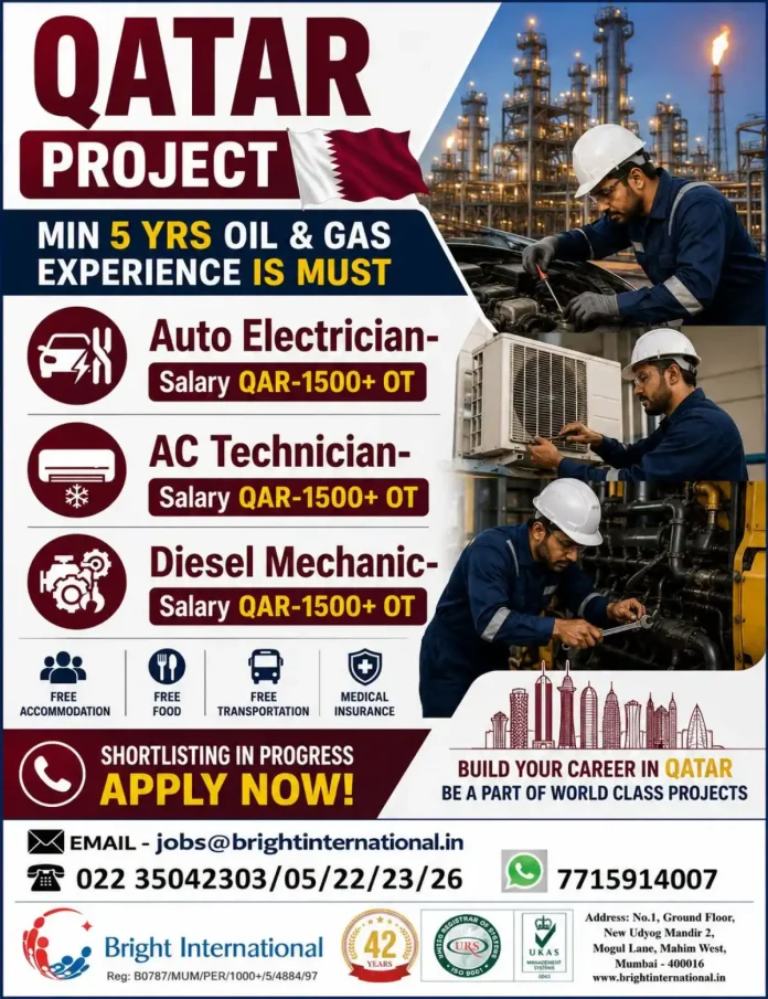 Qatar project jobs Auto Electrician AC Technician Diesel Mechanic