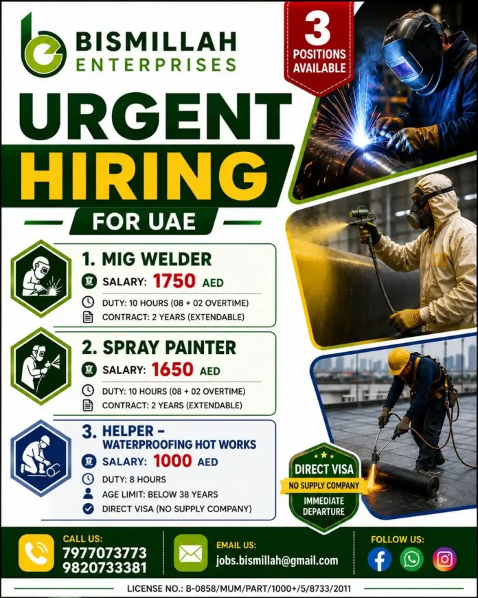 Urgent hiring UAE jobs MIG Welder Spray Painter Helper