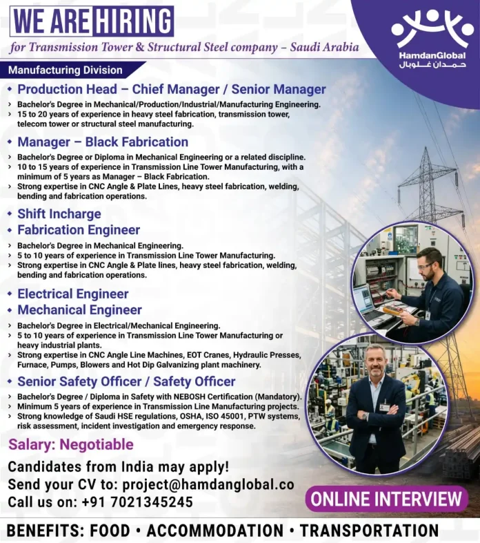 HamdanGlobal hiring for transmission tower manufacturing positions in Saudi Arabia
