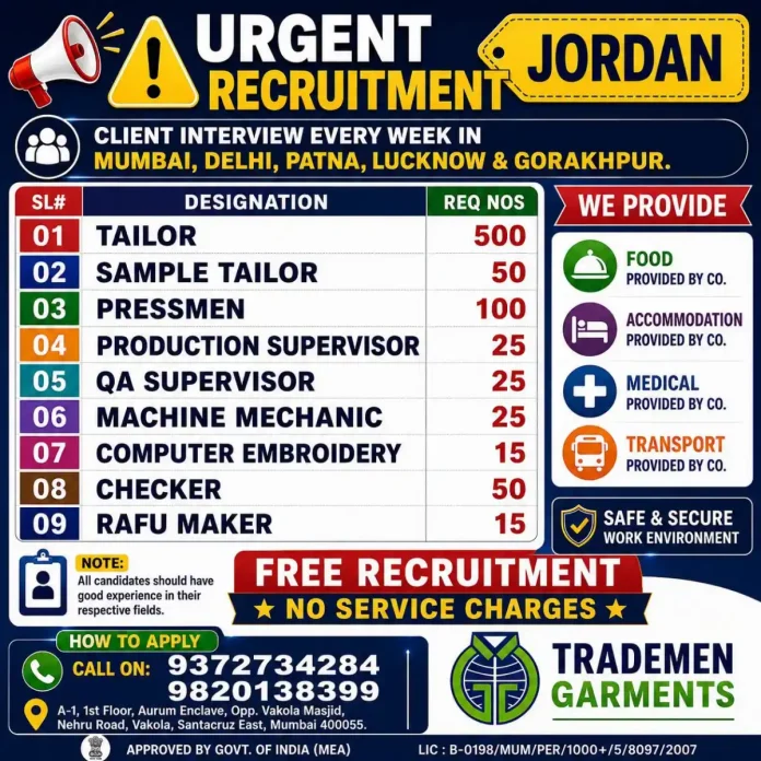 Urgent recruitment for tailors and garment workers in Jordan