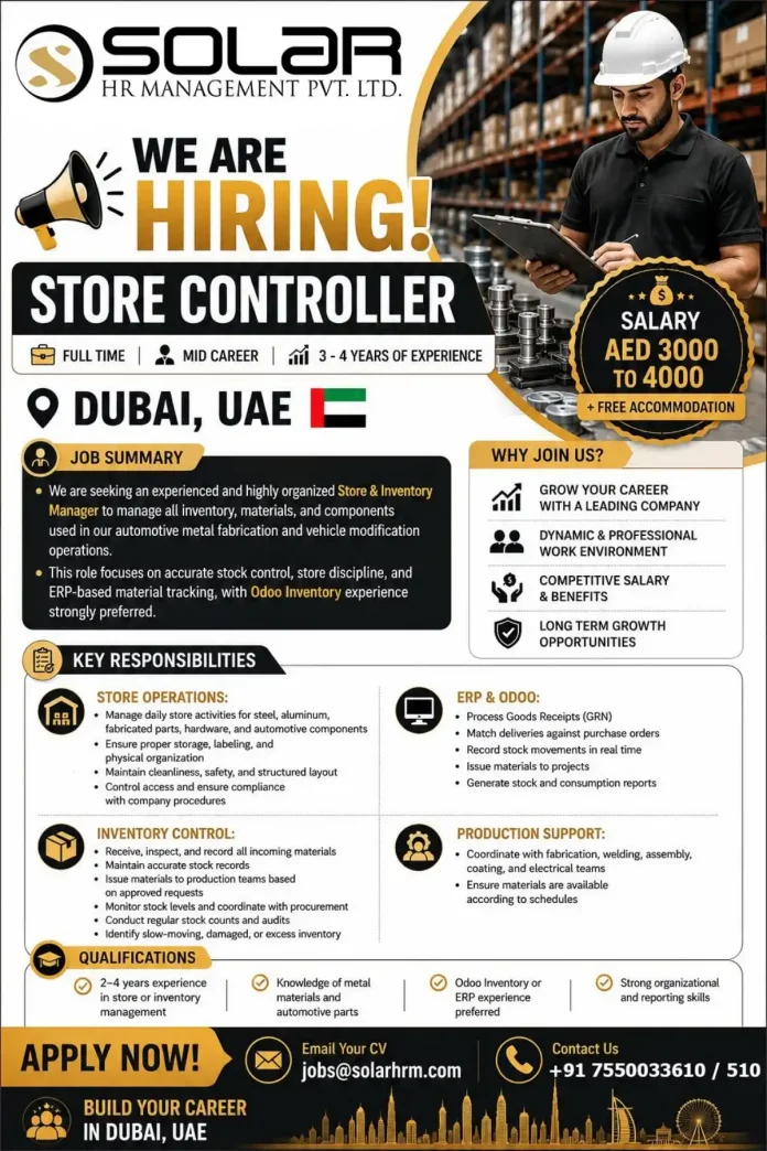Store Controller job posting Solar HR Management Dubai