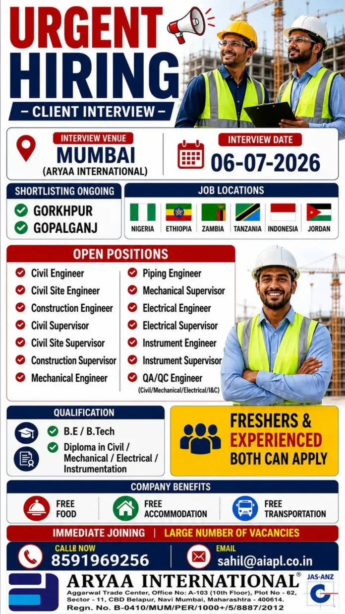 Aryaa International hiring engineers and supervisors for overseas projects
