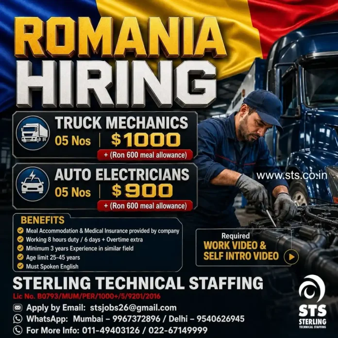 Truck mechanics and auto electricians working on vehicles in Romania