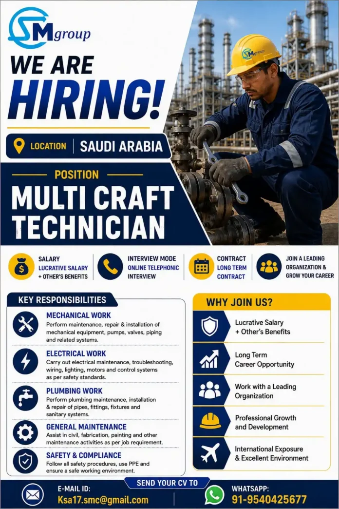 Mgroup hiring Multi Craft Technician in Saudi Arabia