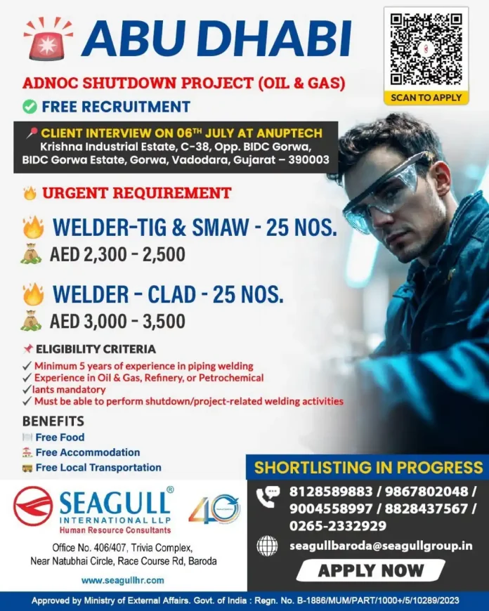 ADNOC Shutdown Project Recruitment Poster for Welders in Abu Dhabi