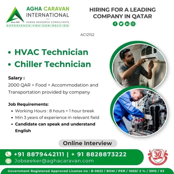 HVAC and Chiller Technician recruitment by Agha Caravan International for Qatar