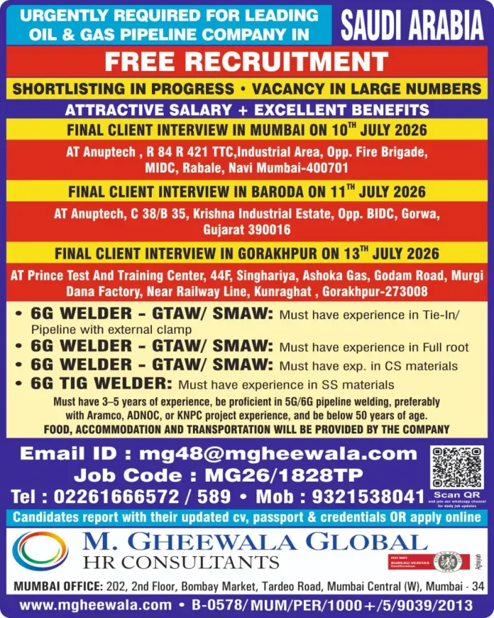 6G Welder performing pipeline welding in Saudi Arabia oil and gas industry
