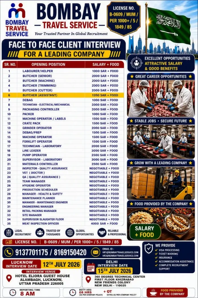 Bombay Travel Service recruitment advertisement for jobs in Saudi Arabia with salary plus food