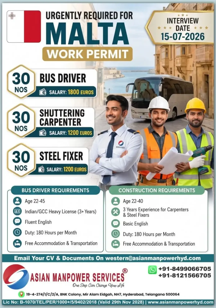 Malta work permit recruitment for bus drivers, carpenters and steel fixers