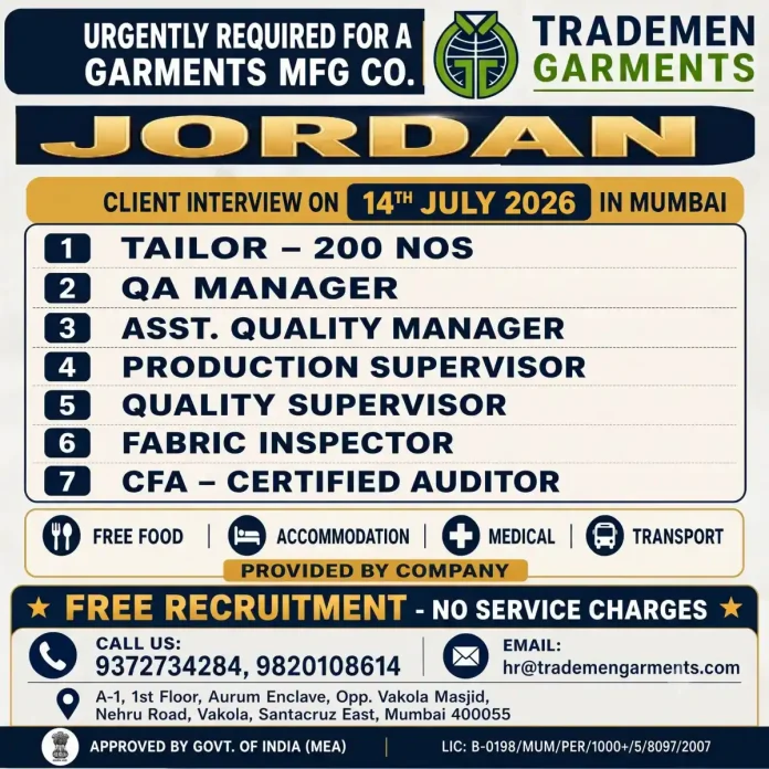 Garments manufacturing jobs in Jordan – Trademen Garments recruitment