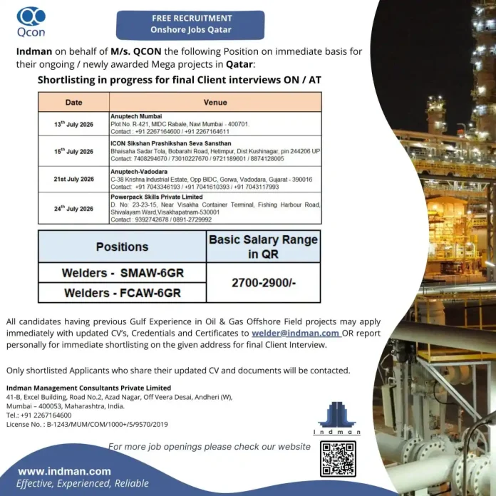 QCON Welder Recruitment 2026 – Free Recruitment for Qatar Onshore Projects