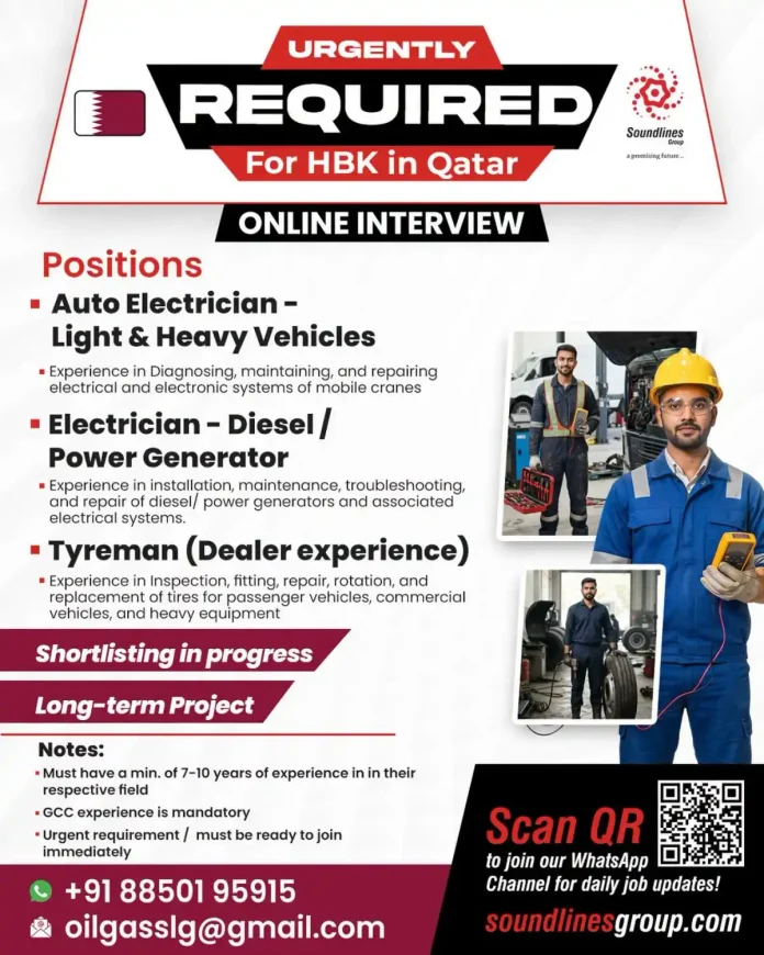 HBK Qatar job vacancies for Auto Electrician, Electrician, Tyreman