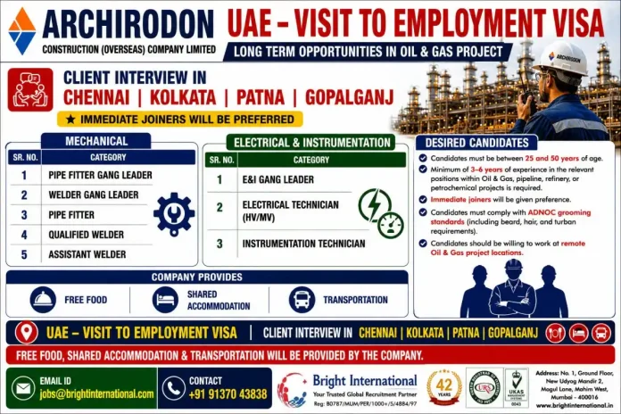 Archirodon UAE construction jobs client interview Chennai Kolkata Patna Gopalganj