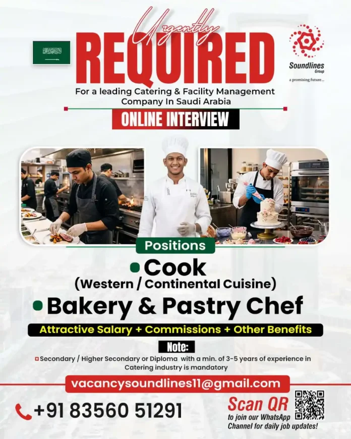 Job posting for Cook and Bakery & Pastry Chef positions at Soundlines Group Saudi Arabia