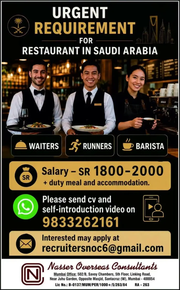 Restaurant staff hiring in Saudi Arabia