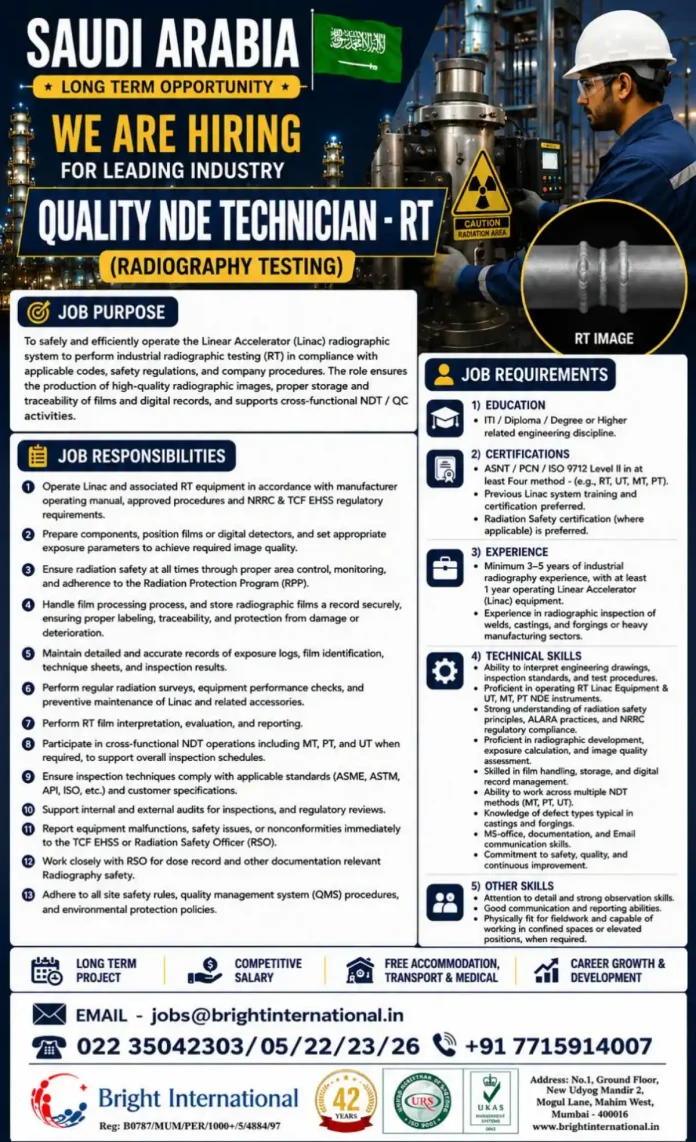 Quality NDE Technician operating Linear Accelerator for radiography testing in Saudi Arabia