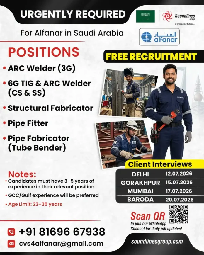 Alfanar recruitment poster for welders and pipe fitters in Saudi Arabia