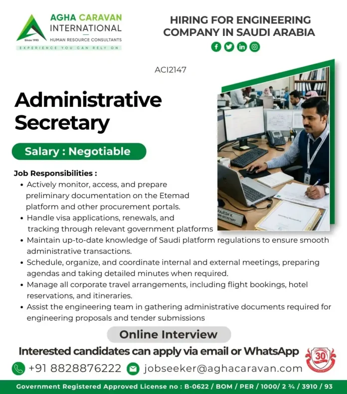 Administrative Secretary job advertisement from AGHA CARAVAN