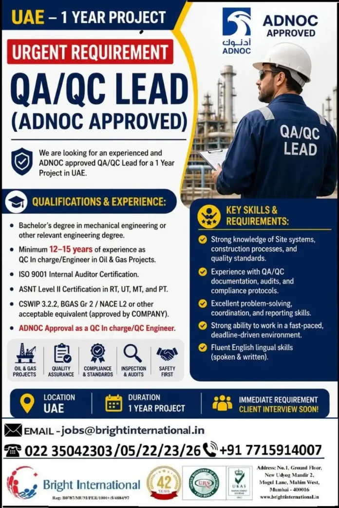 ADNOC approved QA/QC Lead job vacancy UAE 1 year project