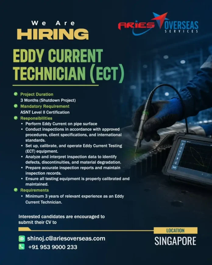 Eddy Current Technician job posting Singapore ARIES OVERSEAS