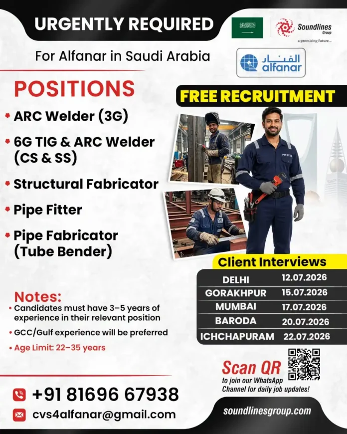 Alfanar Saudi Arabia welding job recruitment poster
