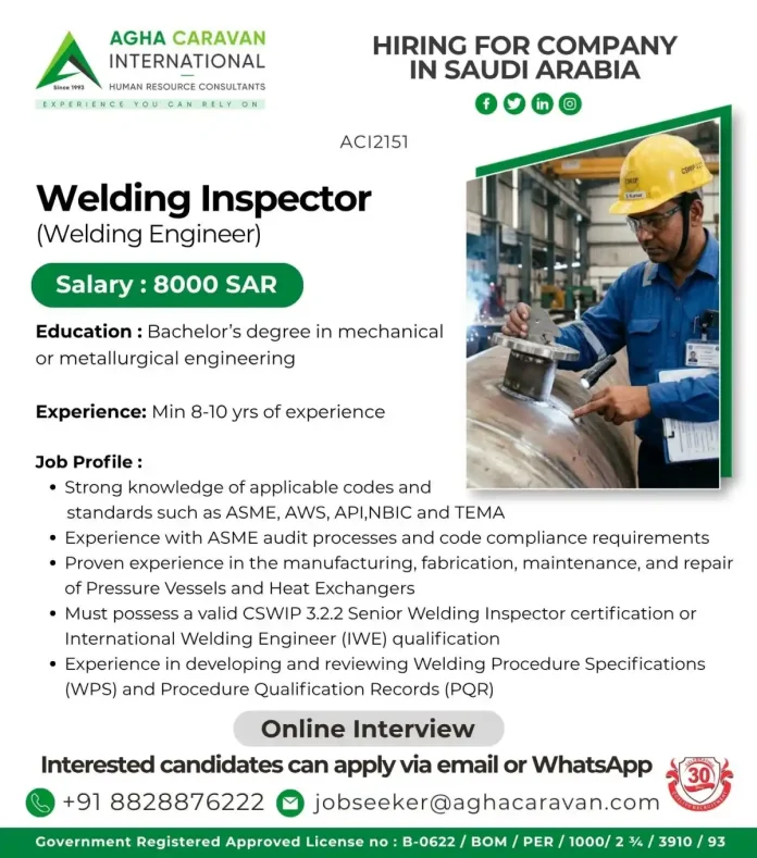 Welding Inspector job in Saudi Arabia at AGHA CARAVAN
