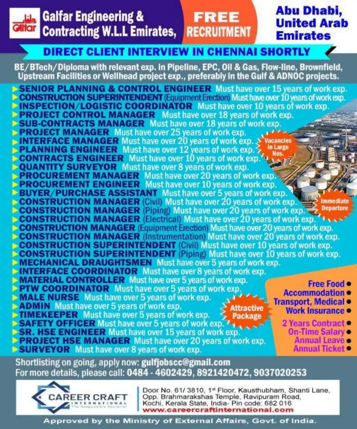 Galfar Engineering recruitment advertisement for Abu Dhabi oil and gas projects