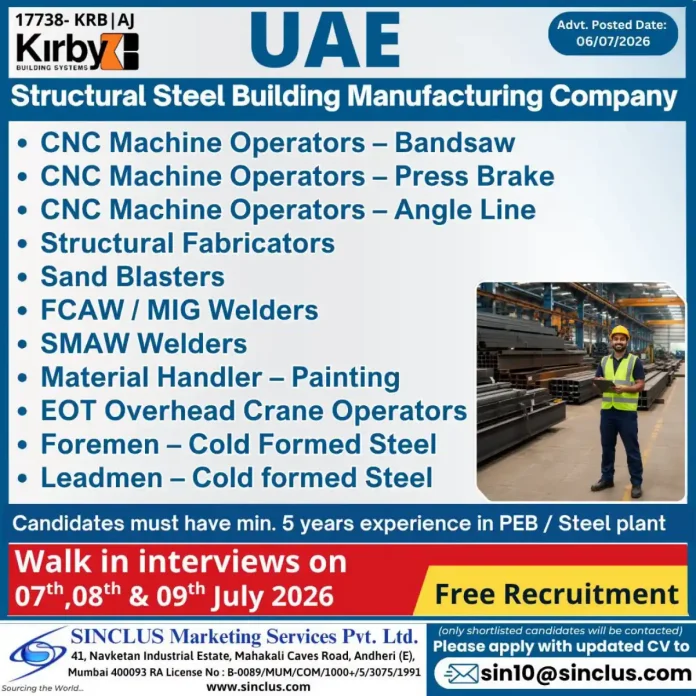 Kirby Building Systems structural steel walk-in interview advertisement July 2026