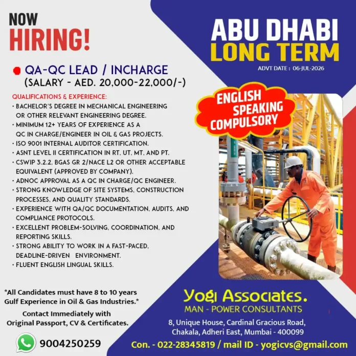QA QC Lead Job Opening Abu Dhabi