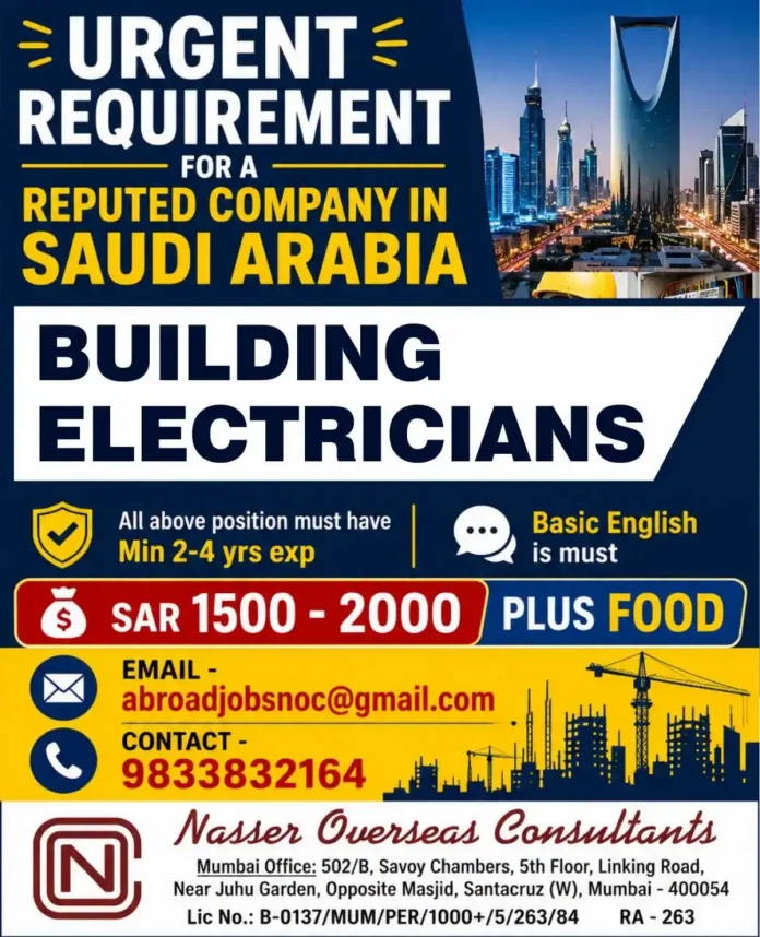 Building Electrician working on electrical panel in Saudi Arabia