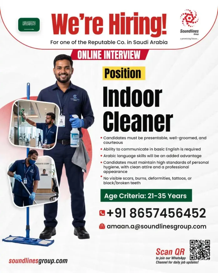 Indoor Cleaner job announcement – Soundlines Group hiring for Saudi Arabia