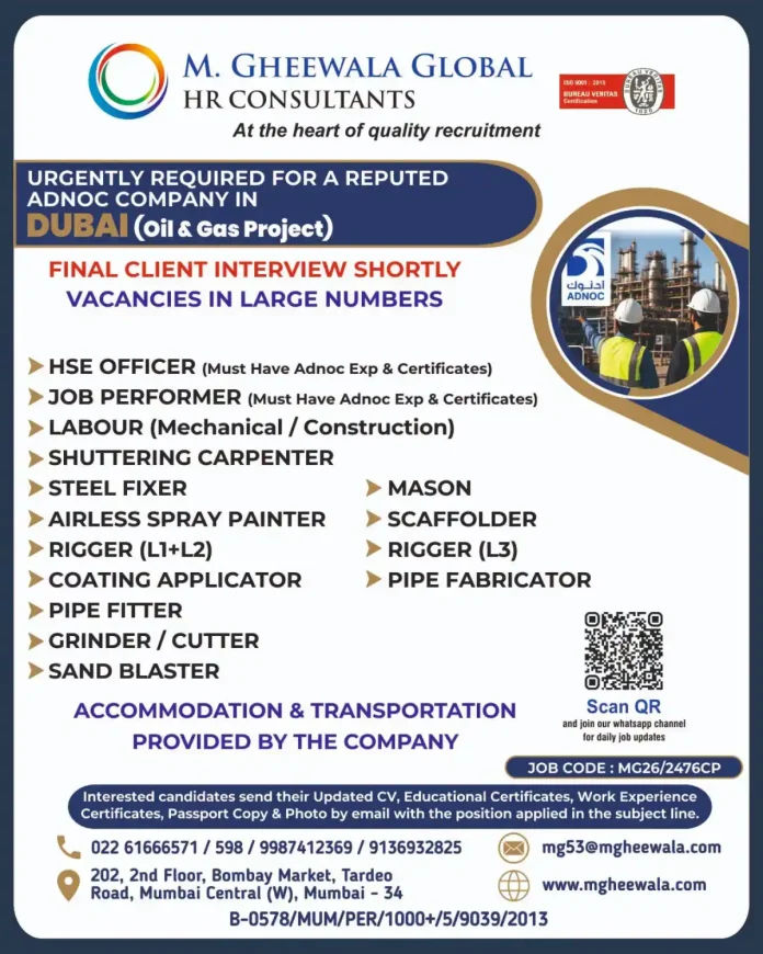 M. Gheewala Global HR Consultants job advertisement for ADNCO positions in Dubai
