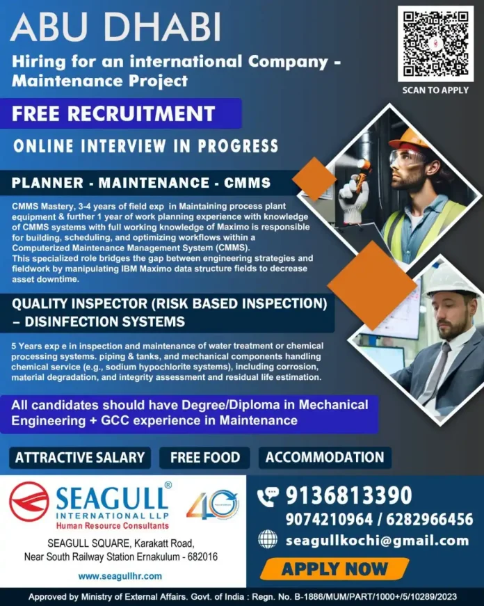Maintenance Planner CMMS and Quality Inspector jobs Abu Dhabi Seagull International