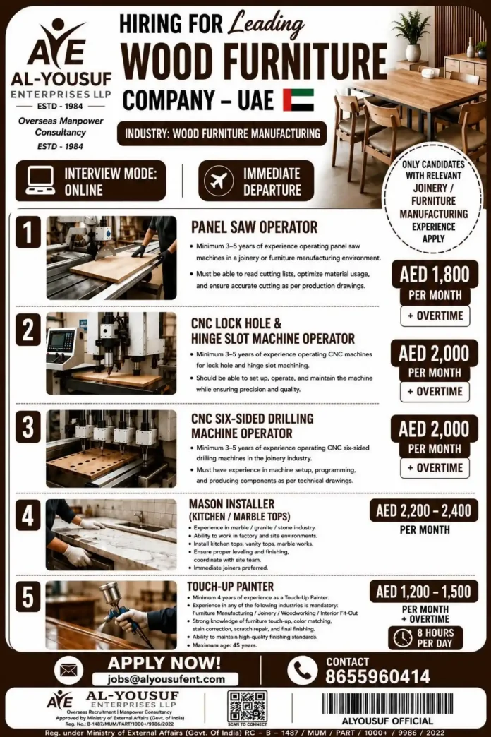UAE wood furniture manufacturing jobs - Panel Saw Operator, CNC Operators, Mason Installer and Touch-Up Painter