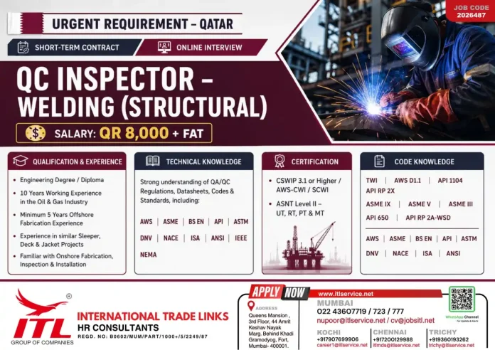 QC Inspector Welding Structural Qatar job