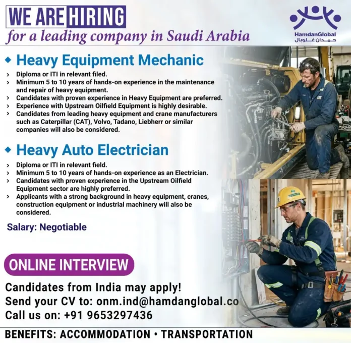 Heavy Equipment Mechanic and Heavy Auto Electrician Jobs in Saudi Arabia
