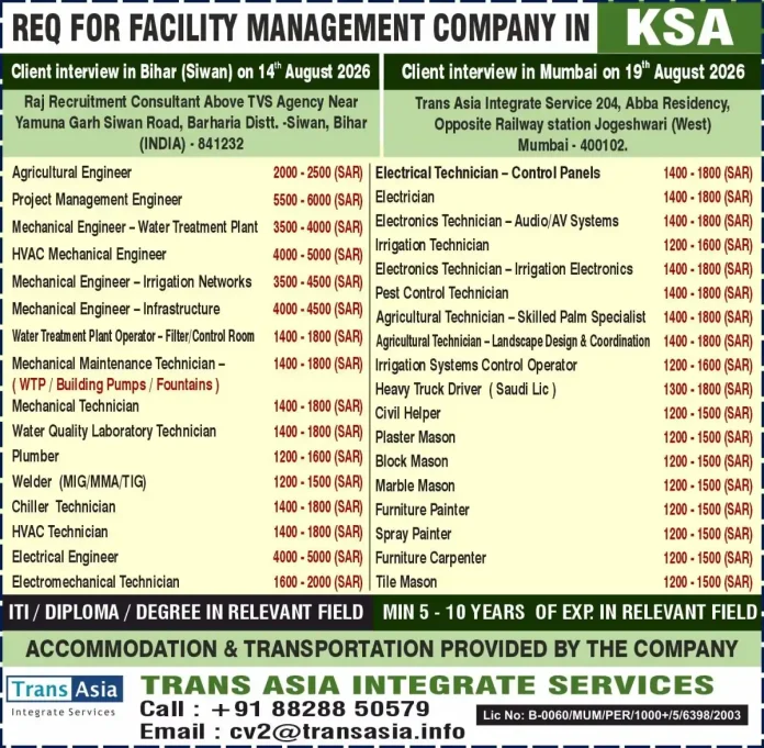 Facility management jobs in KSA walk-in interview Siwan Mumbai Trans Asia