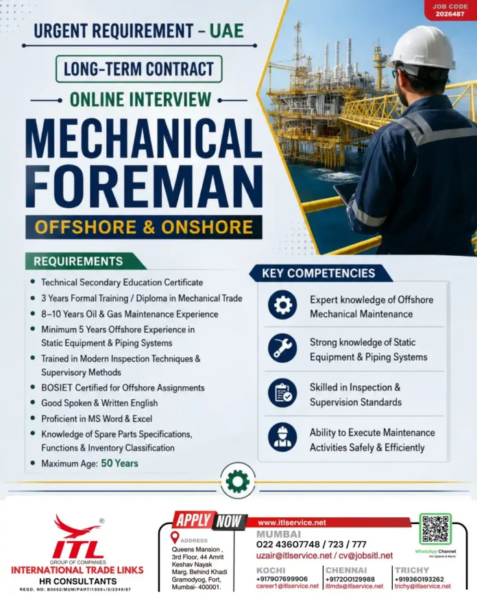 Mechanical Foreman job UAE offshore and onshore oil and gas maintenance