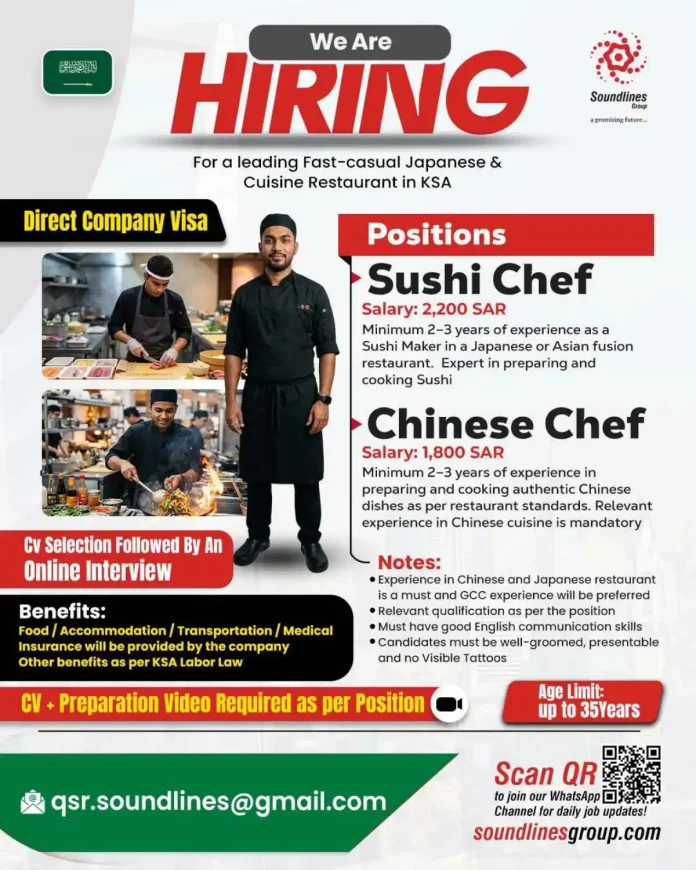 Sushi Chef and Chinese Chef job opening in KSA with Soundlines Group