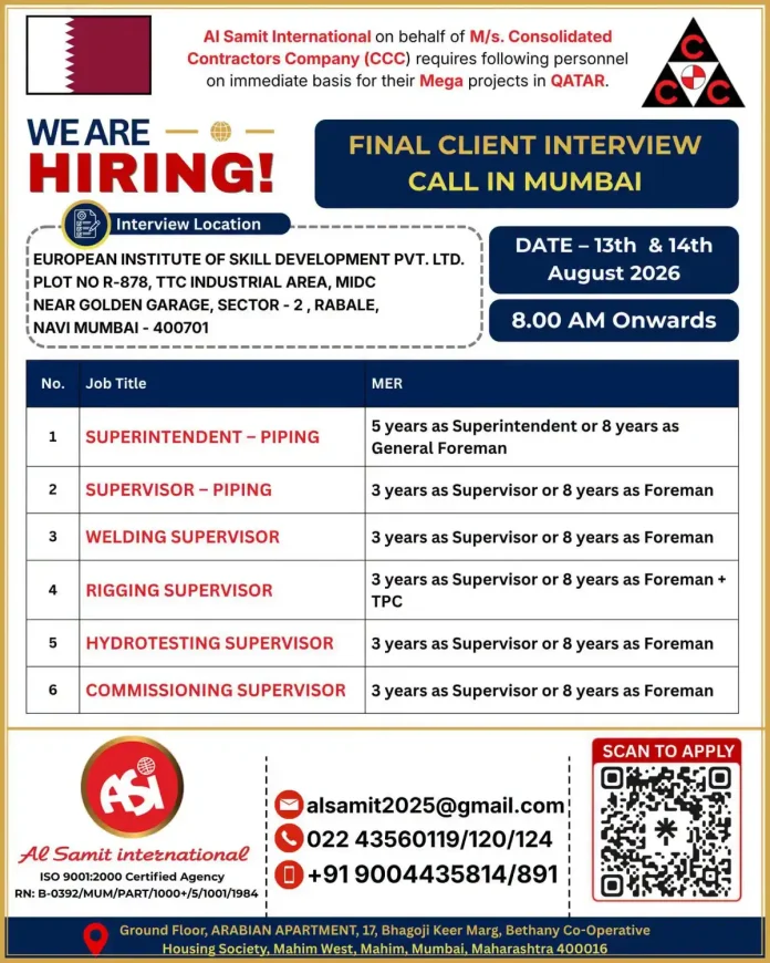 CCC Qatar Piping Supervisor Walk-in Interview Mumbai 2026