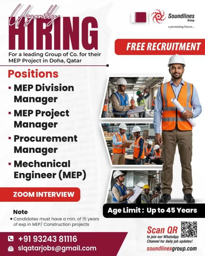 MEP jobs in Doha Qatar - Soundlines Group hiring MEP Project Manager and Mechanical Engineer
