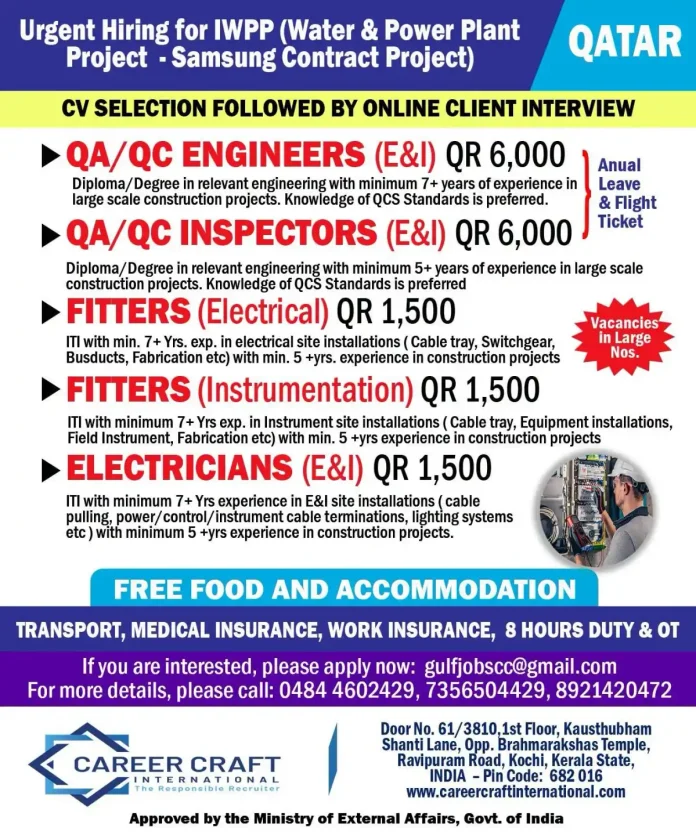 IWPP Water & Power Plant Project Qatar Samsung Contract hiring engineers inspectors fitters electricians