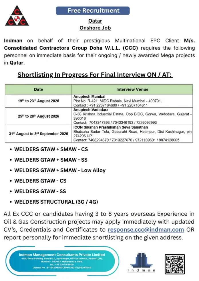 Qatar onshore welding jobs with CCC – Indman recruitment
