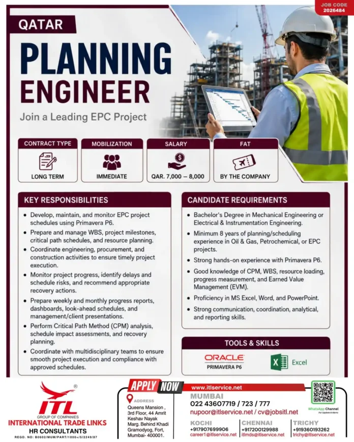 Qatar Planning Engineer using Primavera P6 on an EPC project