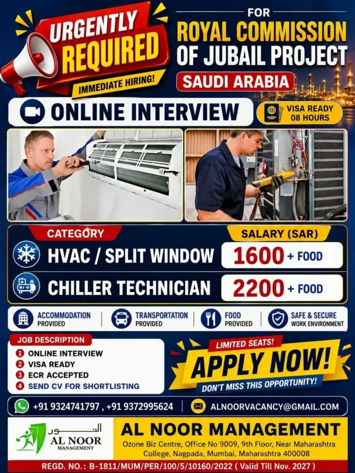 HVAC Split Window and Chiller Technician jobs in Saudi Arabia with free accommodation and transport